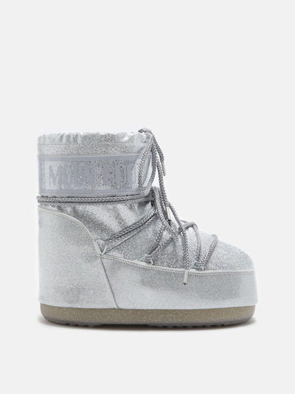 MOON BOOT ICON LOW SILVER GLITTER BOOTS