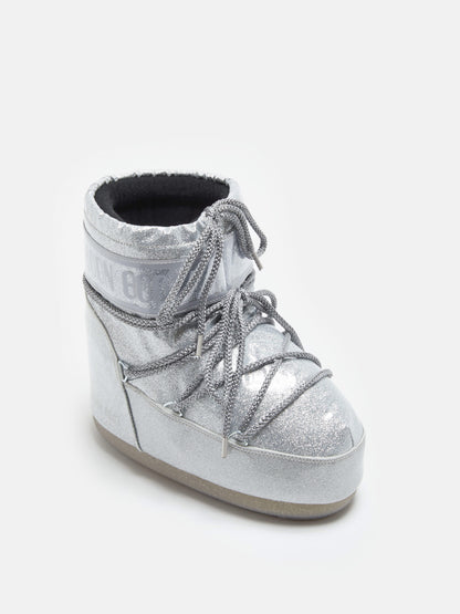MOON BOOT ICON LOW SILVER GLITTER BOOTS