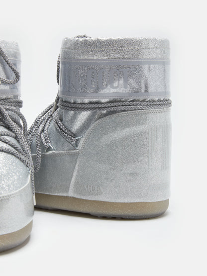 MOON BOOT ICON LOW SILVER GLITTER BOOTS