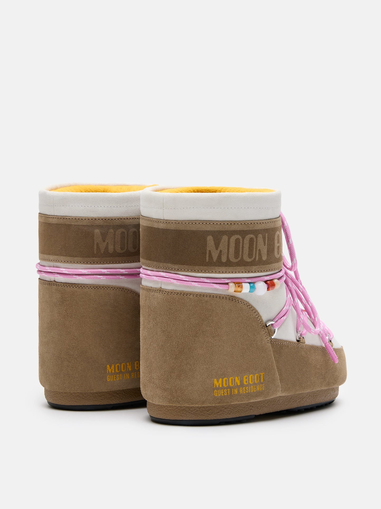 MOON BOOT MOON BOOT X GUEST IN RESIDENCE ICON LOW HONEY & WHITE SAND BEADED SUEDE BOOTS