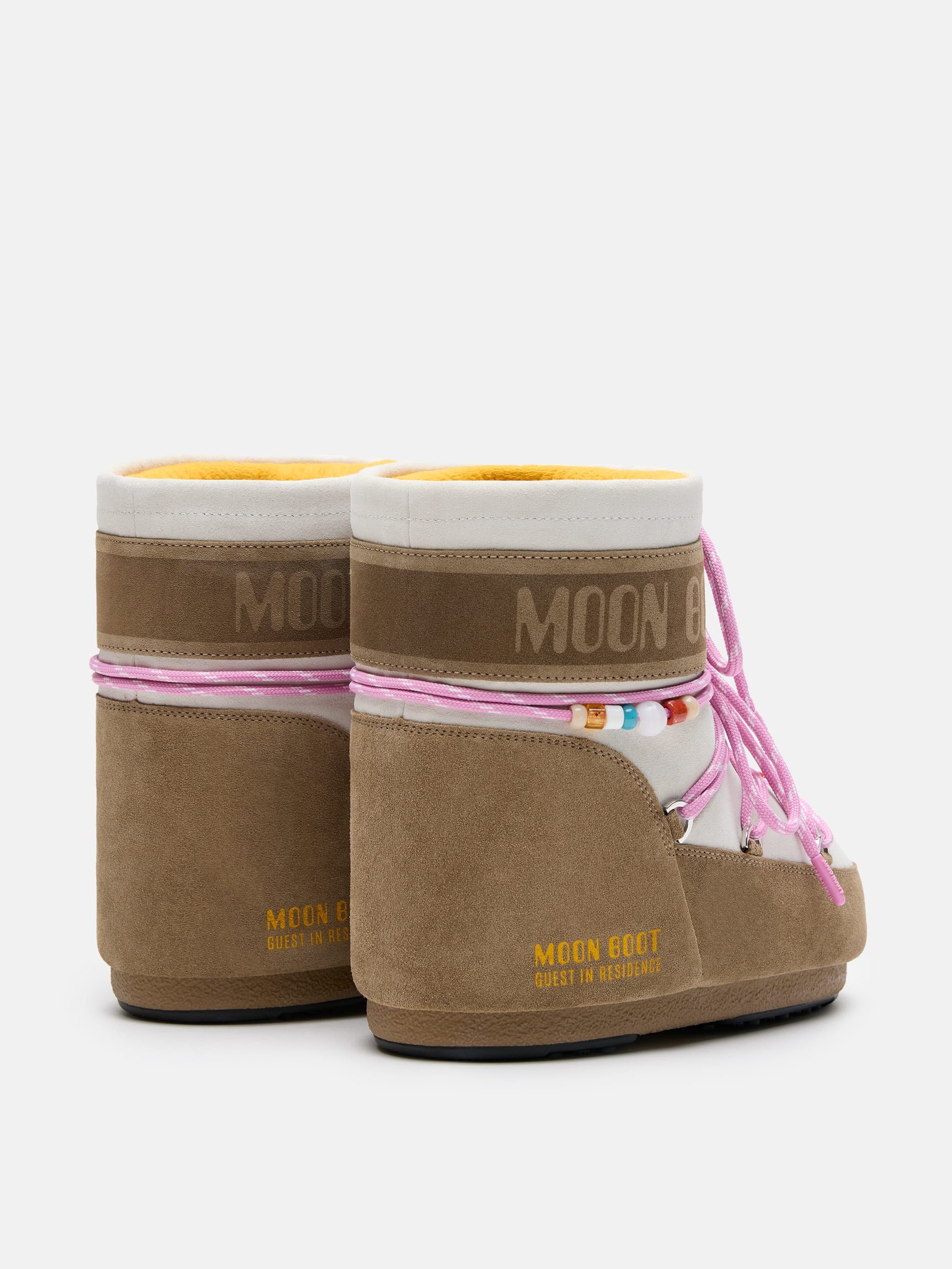 MOON BOOT MOON BOOT X GUEST IN RESIDENCE ICON LOW HONEY & WHITE SAND BEADED SUEDE BOOTS