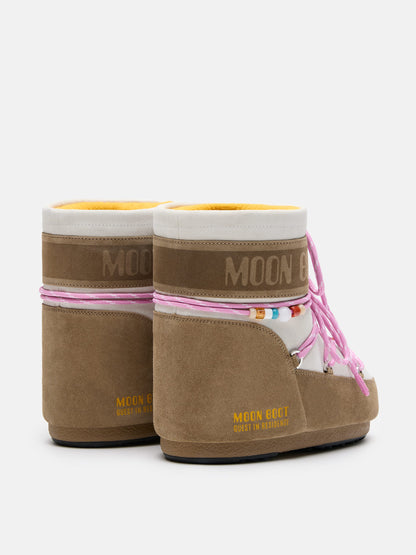 MOON BOOT MOON BOOT X GUEST IN RESIDENCE ICON LOW HONEY & WHITE SAND BEADED SUEDE BOOTS
