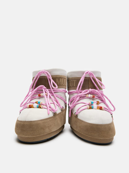 MOON BOOT MOON BOOT X GUEST IN RESIDENCE ICON LOW HONEY & WHITE SAND BEADED SUEDE BOOTS