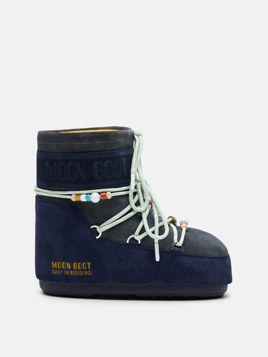 MOON BOOT MOON BOOT X GUEST IN RESIDENCE ICON LOW MIDNIGHT & GREY BEADED SUEDE BOOTS
