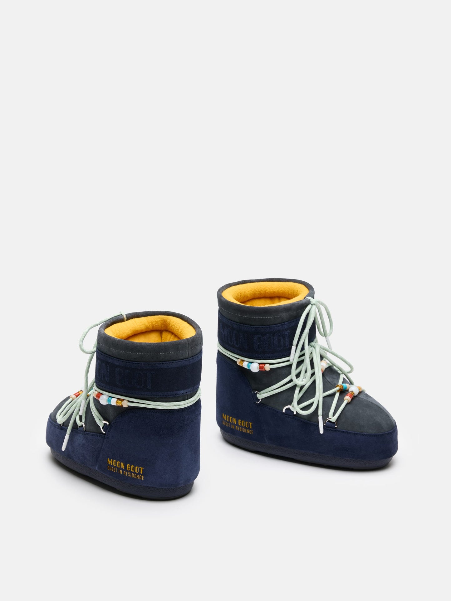MOON BOOT MOON BOOT X GUEST IN RESIDENCE ICON LOW MIDNIGHT & GREY BEADED SUEDE BOOTS