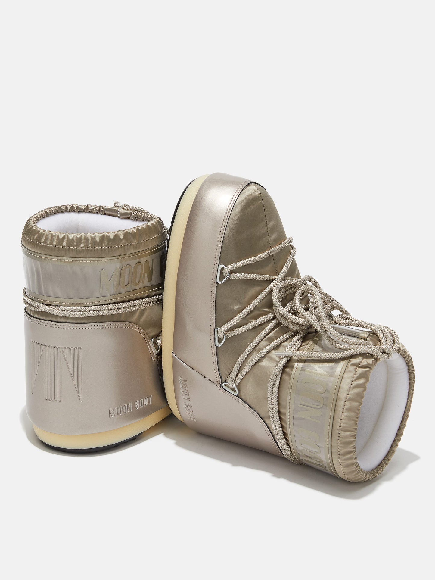 MOON BOOT ICON LOW GLANCE PLATINUM SATIN BOOTS