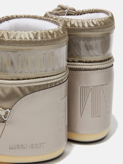 MOON BOOT ICON LOW GLANCE PLATINUM SATIN BOOTS
