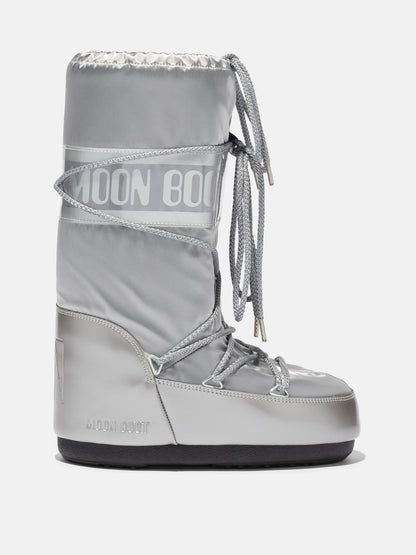 MOON BOOT ICON GLANCE SILVER SATIN BOOTS