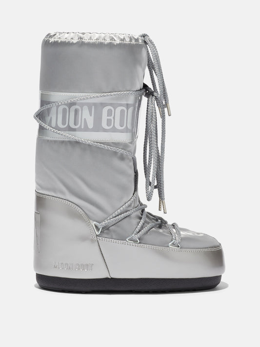 MOON BOOT ICON GLANCE SILVER SATIN BOOTS