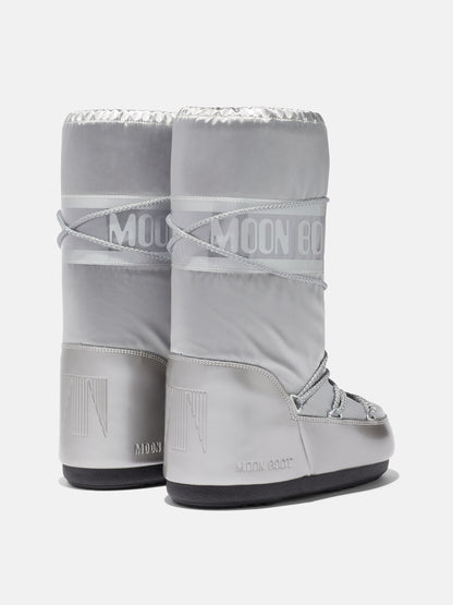 MOON BOOT ICON GLANCE SILVER SATIN BOOTS