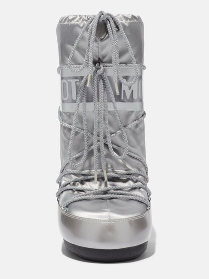 MOON BOOT ICON GLANCE SILVER SATIN BOOTS